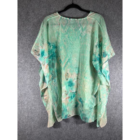 Chico's Blouse Women S/M Green V Neck‎ Paula Poncho Mature Semi Sheer Artsy - Picture 7 of 8